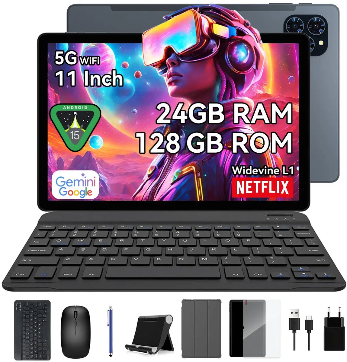 KINGRID T90 Tablet - Gemini AI - 24GB RAM - 128GB ROM - Met Smartwatch - Toetsenbord - Android 16 - 8000mAh - Octa Core T615 - 5G WiFi - Widevine L1 - GPS - Grijs (0810201778000)