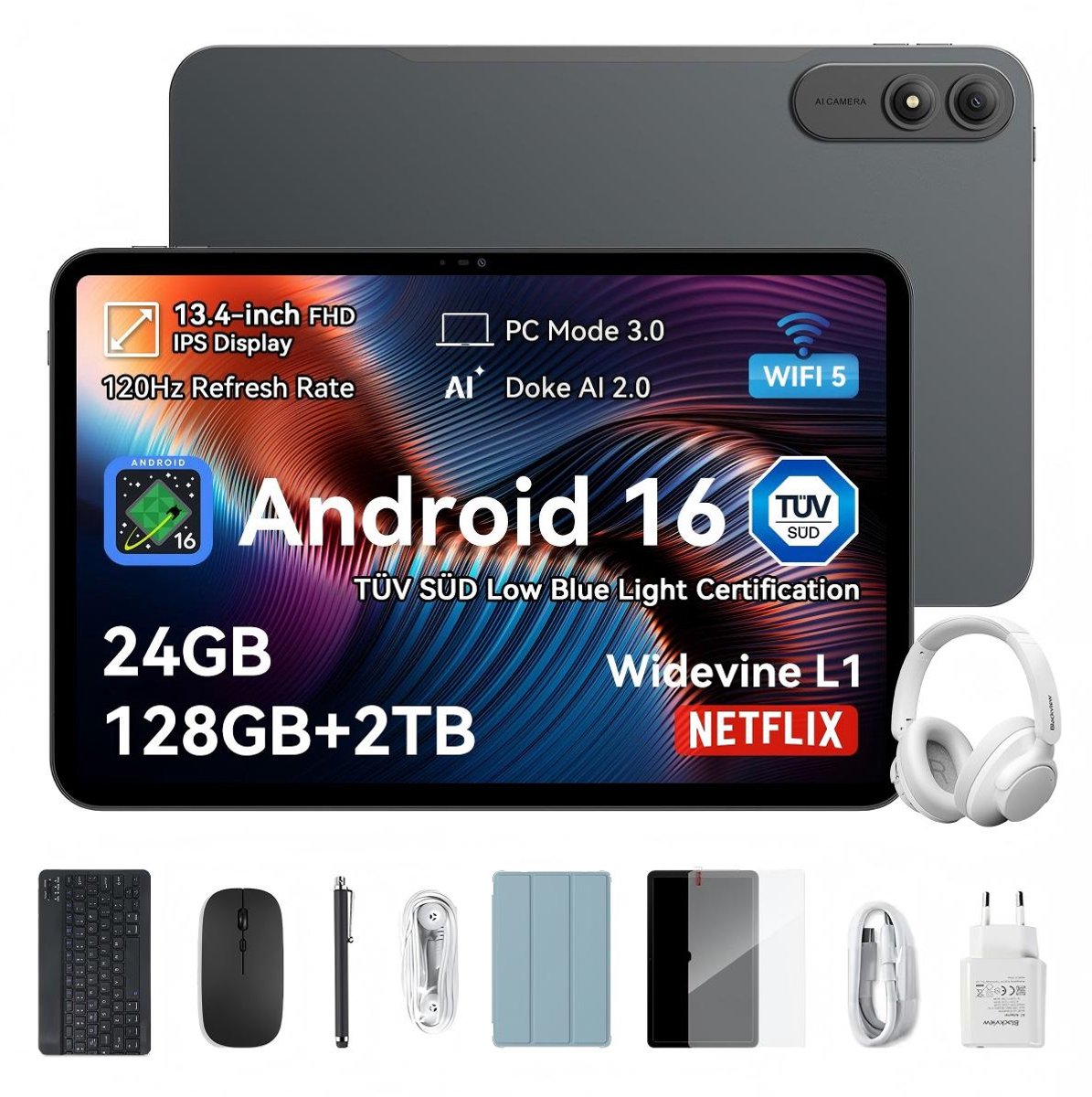 OSCAL Tablet - Pad 200 - AI Tablet - 8300mAh - 13.4 Inch Full HD - met over-Ear hoofdtelefoon - 24GB RAM - 128GB ROM - Android 16 - Met Toetsenbord(QWERTY), Beschermhoes, Muis, Stylus - Zwart (0810201778208)