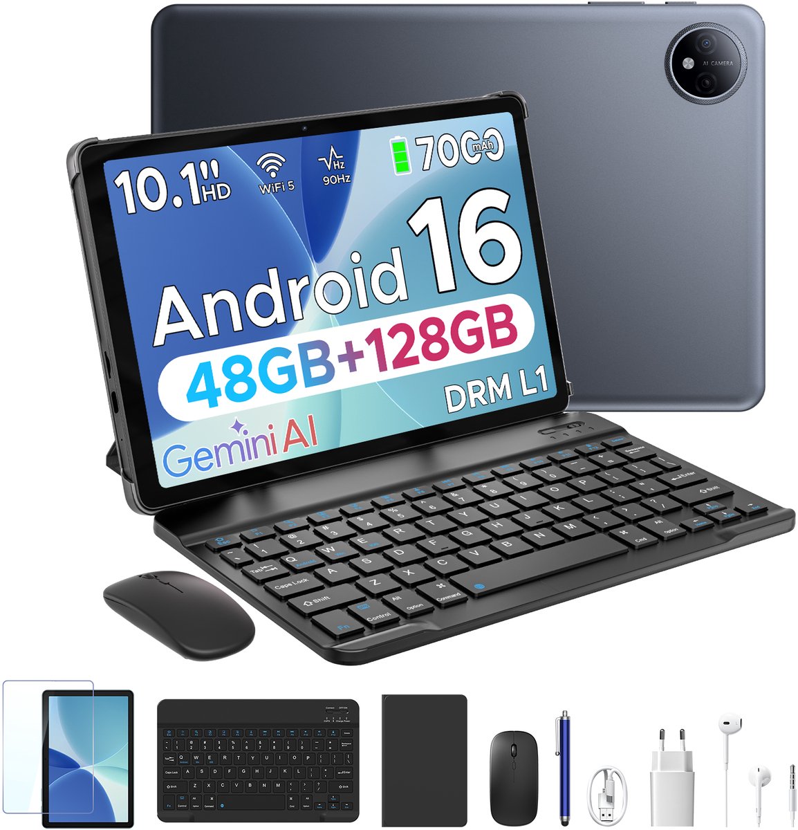 POCKAM P10 TAB - Tablet - 10,1 inch HD 90 Hz IPS - Android 16 - 48 GB RAM (8+40 GB) + 128 GB ROM - 7000 mAh - Quad-Core T310 - Dubbele luidsprekers - Volledige accessoirebundel met toetsenbord en stylus (6979284600371)