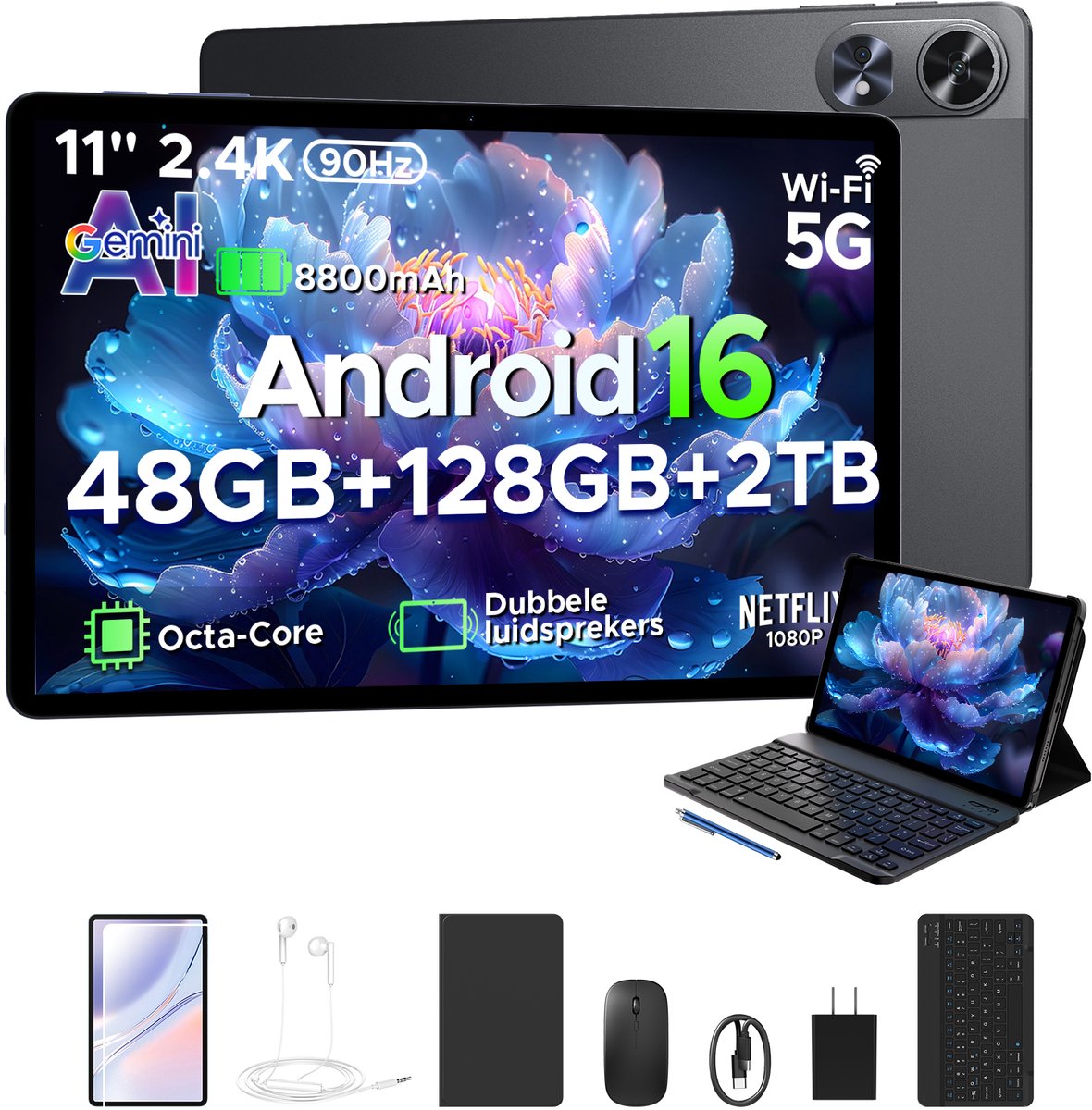 POCKAM P11 Pro - Tablet - 48 GB RAM (8+40 GB) + 128 GB ROM (2 TB/TF) - 11 inch FHD+ 90 Hz - Android 16 - 8800 mAh/18 W - T7250 - Dubbele luidsprekers - Gemini AI - Face ID - Widevine L1 - Complete accessoirebundel met toetsenbord en stylus - Zwart (6979284600302)