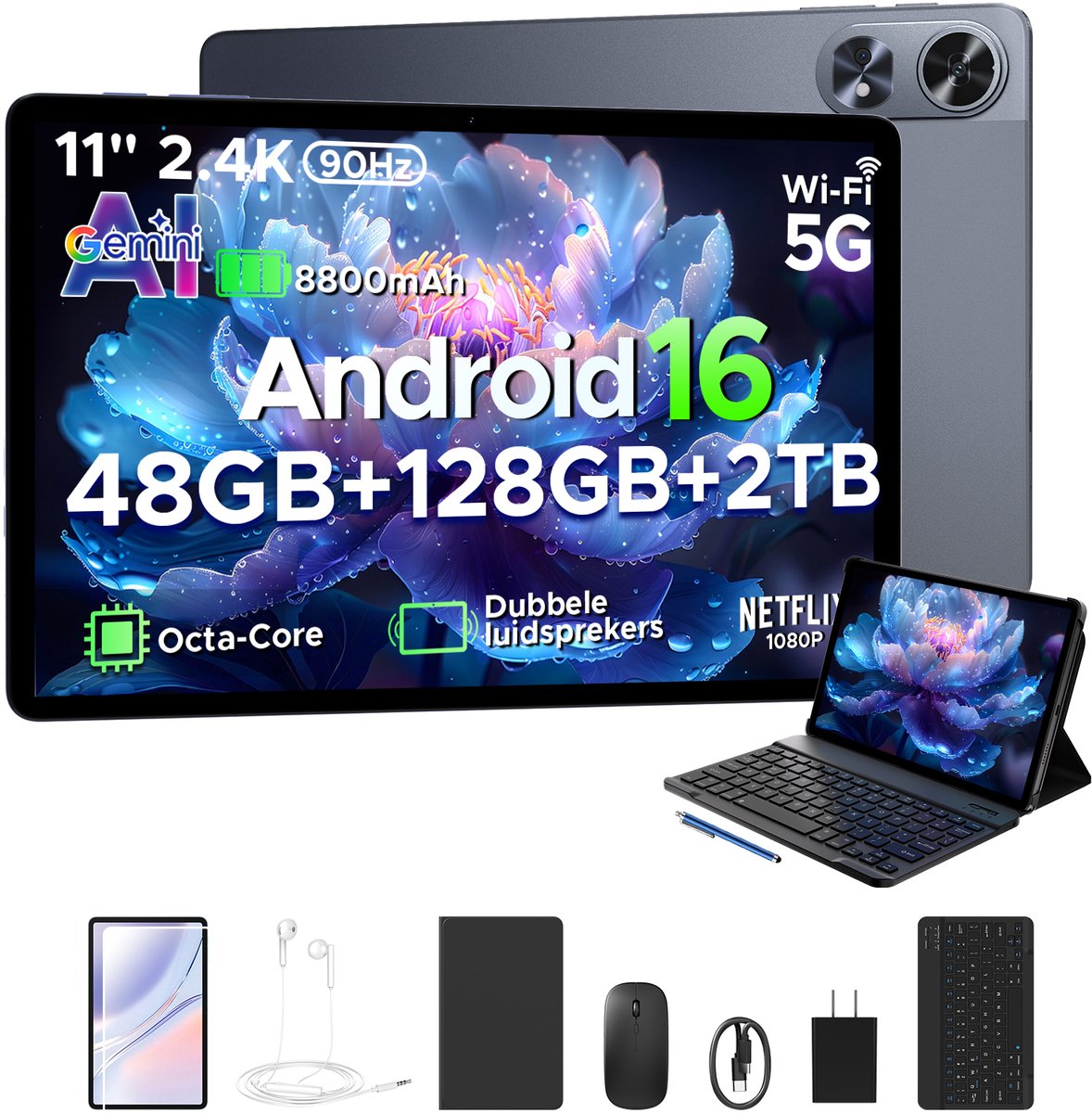 POCKAM P11 Pro - Tablet - 48 GB RAM (8+40 GB) + 128 GB ROM (2 TB/TF) - 11 inch FHD+ 90 Hz - Android 16 - 8800 mAh/18 W - T7250 - Dubbele luidsprekers - Gemini AI - Face ID - Widevine L1 - Complete accessoirebundel met toetsenbord en stylus - Grijs (6979284600319)