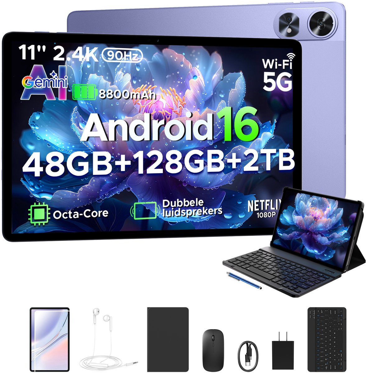 POCKAM P11 Pro - Tablet - 48 GB RAM (8+40 GB) + 128 GB ROM (2 TB/TF) - 11 inch FHD+ 90 Hz - Android 16 - 8800 mAh/18 W - T7250 - Dubbele luidsprekers - Gemini AI - Face ID - Widevine L1 - Complete accessoirebundel met toetsenbord en stylus - Paars (6979284600326)