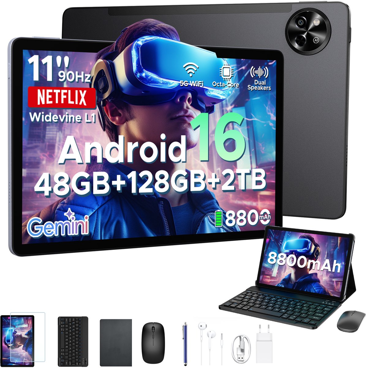 POCKAM P11 Tablet - 48GB RAM+128GB ROM/TF 2TB - Android 16 - 11 inch tablet 90Hz - T7250 - 8800mAh - 13MP+5MP - Gemini AI - Widevine L1 - Face ID - 5G WIFI - Dubbele luidsprekers - Pen, toetsenbord, muis - Zwart (6979284600203)