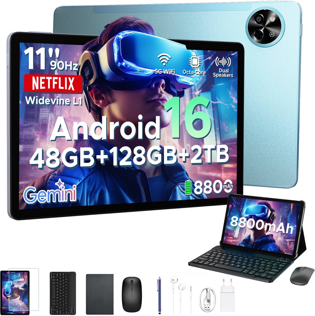 POCKAM P11 Tablet - 48GB RAM+128GB ROM/TF 2TB - Android 16 - 11 inch tablet 90Hz - T7250 - 8800mAh - 13MP+5MP - Gemini AI - Widevine L1 - Face ID - 5G WIFI - Dubbele luidsprekers - Pen, toetsenbord, muis - Blauw (6979284600227)