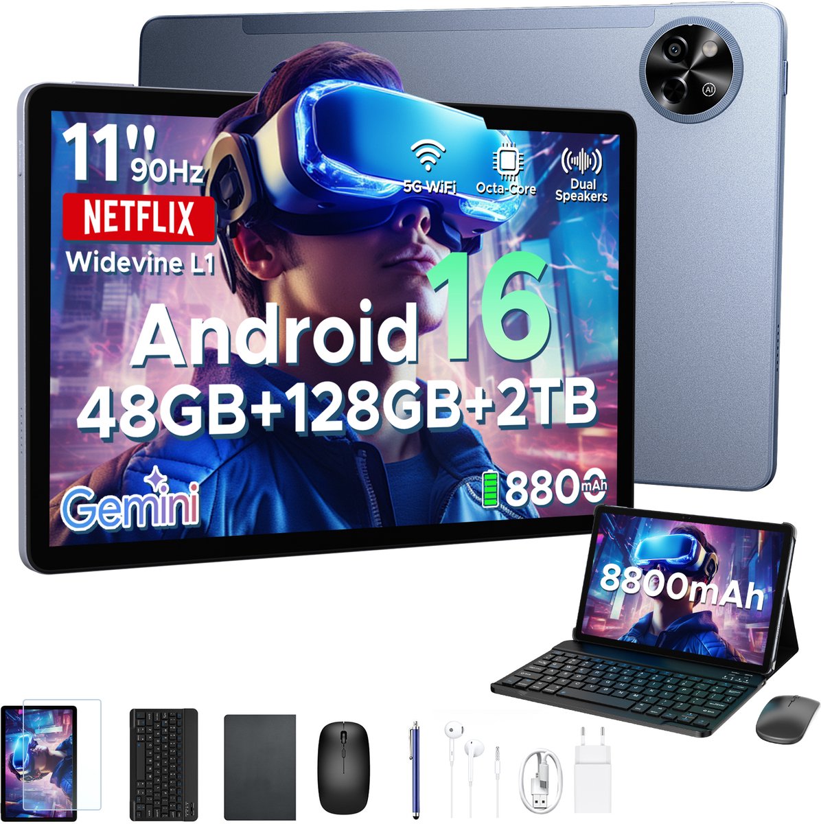 POCKAM P11 Tablet - 48GB RAM+128GB ROM/TF 2TB - Android 16 - 11 inch tablet 90Hz - T7250 - 8800mAh - 13MP+5MP - Gemini AI - Widevine L1 - Face ID - 5G WIFI - Dubbele luidsprekers - Pen, toetsenbord, muis - Grijs (6979284600210)