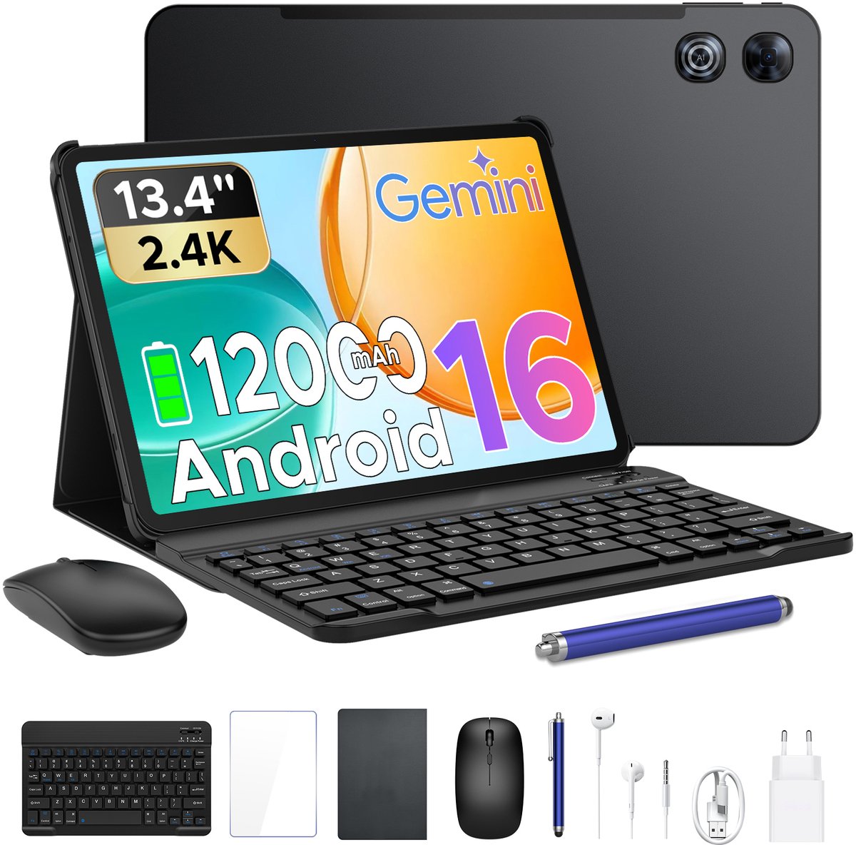POCKAM P13 Tablets - 48 GB RAM 128 GB ROM - 13,4 inch 2,4K 120 Hz - Android 16 - Gemini AI - 12000 mAh/18 W - Face ID - Widevine L1 - 13 MP + 8 MP camera - Dubbele luidsprekers - Tablet met toetsenbord en pennenhouder - Zwart (6979284600067)