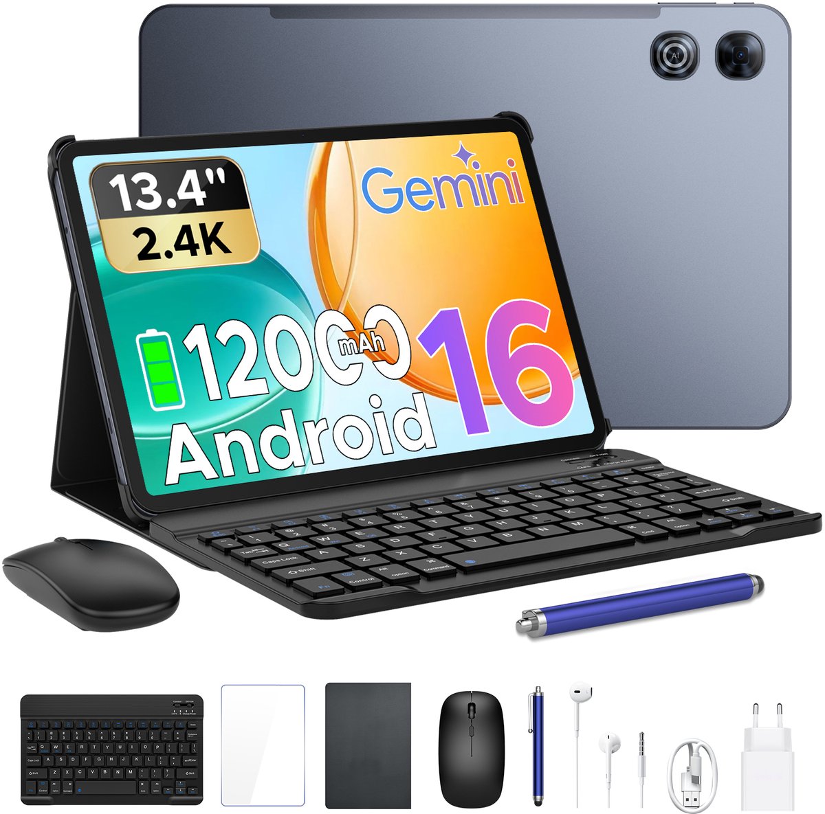 POCKAM P13 Tablets - 48 GB RAM 128 GB ROM - 13,4 inch 2,4K 120 Hz - Android 16 - Gemini AI - 12000 mAh/18 W - Face ID - Widevine L1 - 13 MP + 8 MP camera - Dubbele luidsprekers - Tablet met toetsenbord en pennenhouder - Grijs (6979284600074)