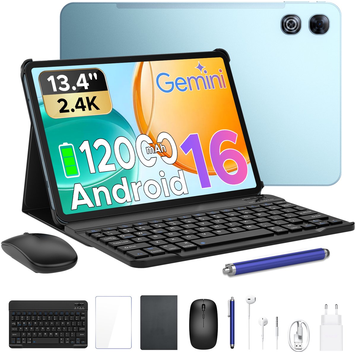 POCKAM P13 Tablets - 48 GB RAM 128 GB ROM - 13,4 inch 2,4K 120 Hz - Android 16 - Gemini AI - 12000 mAh/18 W - Face ID - Widevine L1 - 13 MP + 8 MP camera - Dubbele luidsprekers - Tablet met toetsenbord en pennenhouder - Blauw (6979284600081)