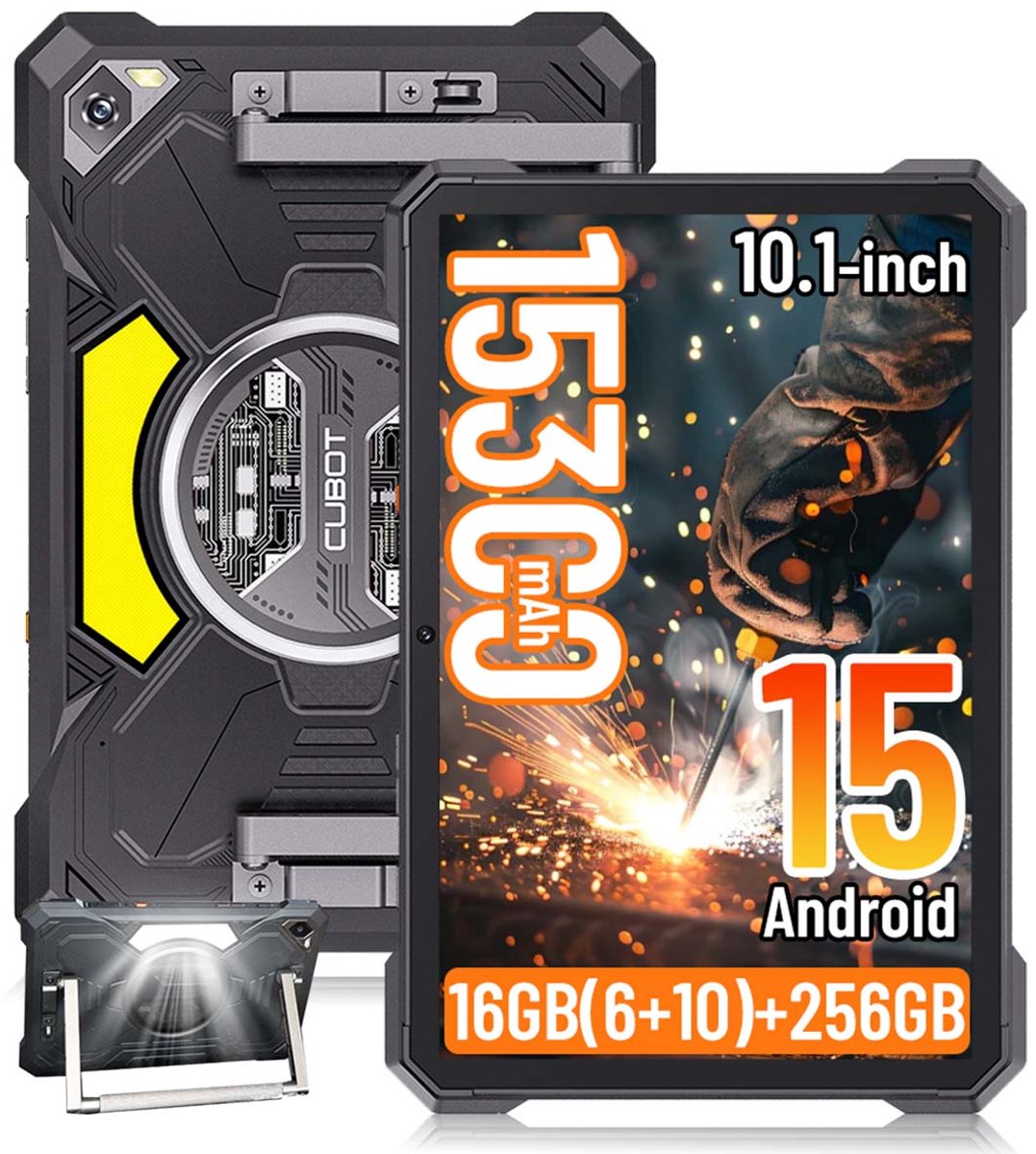 Robuuste Tablet - CUBOT TAB Kingkong S - 16GB RAM 256GB ROM - 15300 mAh - 10,1 inch - Dual SIM 4G - IP68/IP69 K - Android 15 - GPS - Zwart (6221300301169)