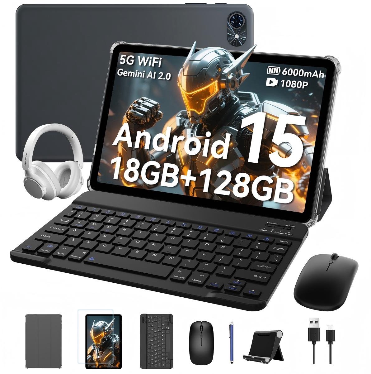 TABWEE Tablet T80 - 18GB RAM - 128GB ROM - met over-ear hoofdtelefoon - 6000mAh - 5G WiFi - Met Toetsenbord(QWERTY) - Muis - Pen - Hoes - Android 15 - Bluetooth 5.0 - Grijs (0810201778253)
