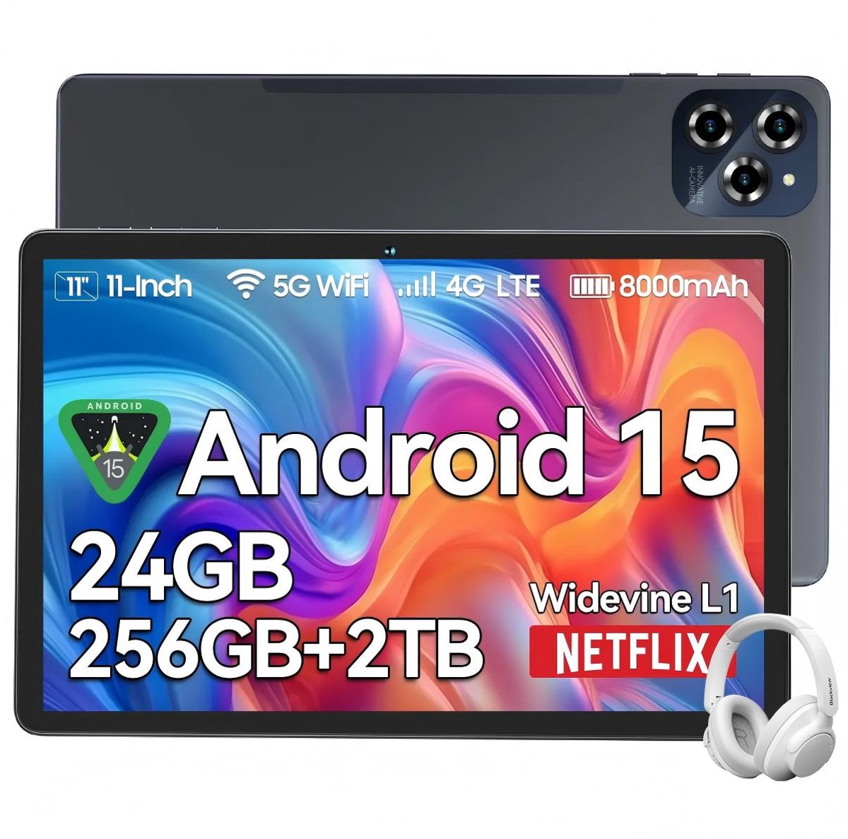 TABWEE Tablet - W90 Tablet - 8000 mAh - 11 Inch - 24GB RAM - 256GB ROM - met over-Ear hoofdtelefoon - Android 16 - WiFi 6 - Dubbele Simkaart - NETFLIX - Grijs (0810201778246)