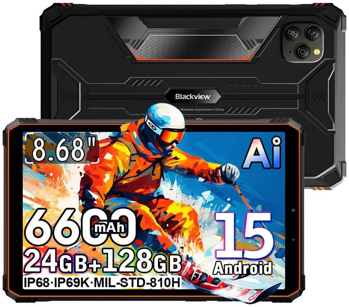 Tablet Blackview Active 5 - 24GB RAM - 128GB ROM - 8,68 inch - Android 15 - 6600mAh - BT 5,2 - Dual SIM 4G - IP68/IP69K - GPS - OTG - NFC - Oranje (6221300300513)