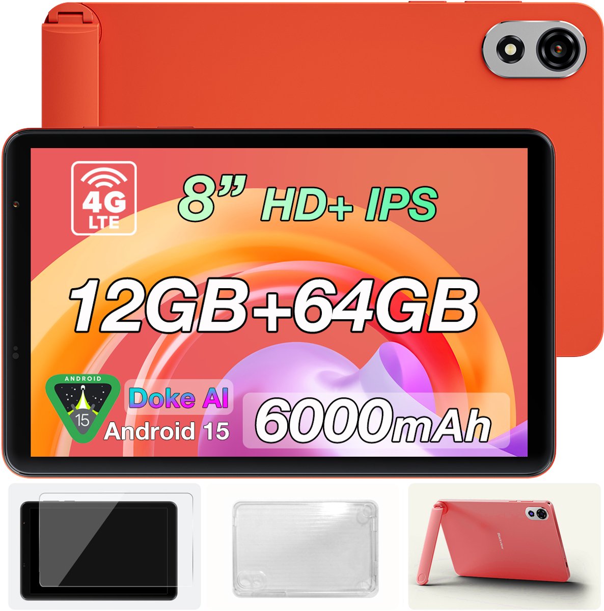 Tablet Blackview ZENO 1 - 12 GB RAM+64 GB ROM - 8 inch - Android 15 - 6000mAh - 4G LTE+WiFi 5G - Gemini AI - T615(8-Kern) - Widevine L1 - BT5.2 - Face ID - OTG - Oranje (6221300300940)