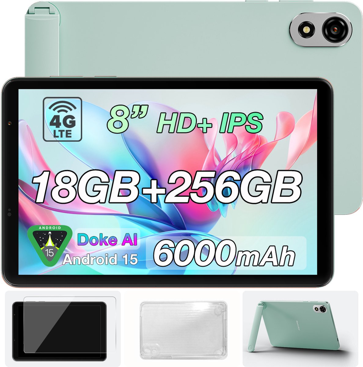 Tablet Blackview ZENO 1 - 18 GB RAM+256 GB ROM - 8 inch - Android 15 - 6000mAh - 4G LTE+WiFi 5G - Gemini AI - T615(8-Kern) - Widevine L1 - BT5.2 - Face ID - OTG - Groen (6221300300605)