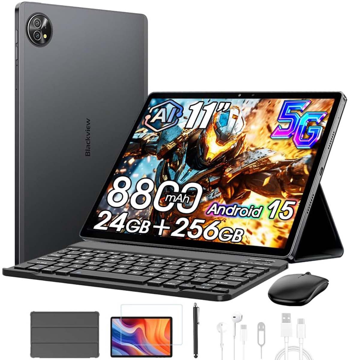 Tablet Blackview ZENO 10 - 5G LTE - 24GB RAM - 256 GB ROM - 8800mAh -Gemini Al - Android 15 - 11 inch - 2K FHD+ gamingtablet - pc-modus - Widevine L1 - OTG - Met Toetsenbord, slimme pen, Muis - Zwart (6221300300551)