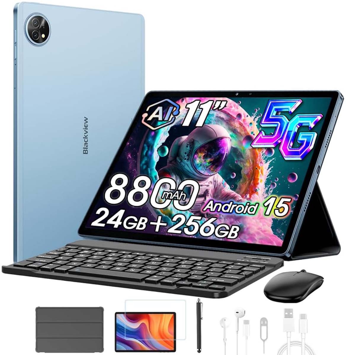 Tablet Blackview ZENO 10 - 5G LTE - 24GB RAM - 256 GB ROM - 8800mAh -Gemini Al - Android 15 - 11 inch - 2K FHD+ gamingtablet - pc-modus - Widevine L1 - OTG - Met Toetsenbord, slimme pen, Muis - Blauw (6221300300568)