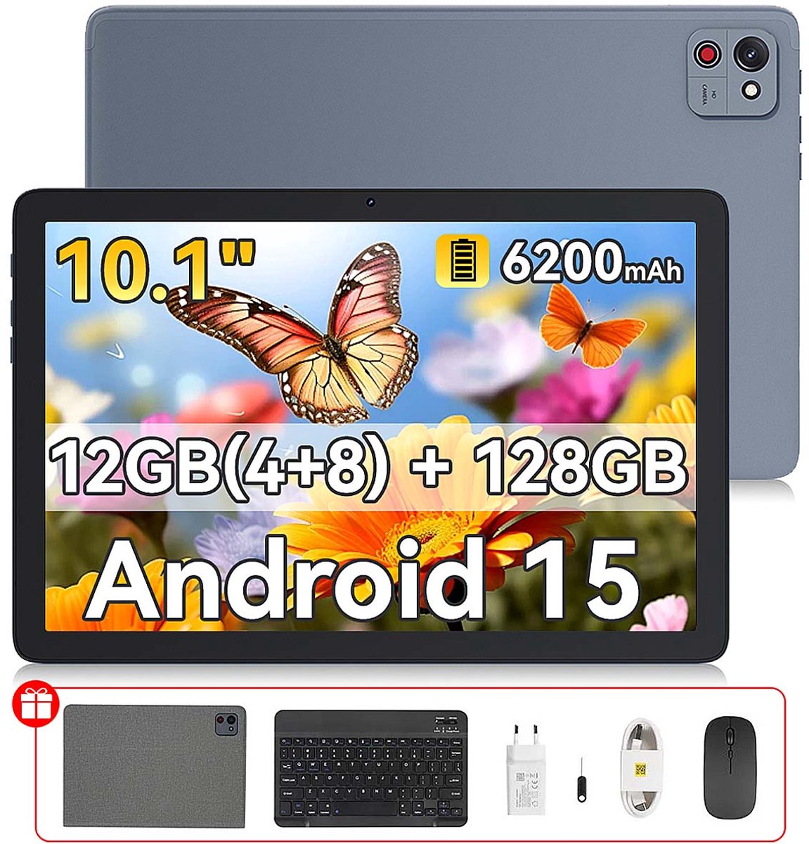 Tablet - CUBOT TAB 65 - 12GB RAM 128GB ROM - 10,1 inch - Android 15 - 6200 mAh - Wi-Fi Dual Band - GPS - Met Toetsenbord(QWERTY), Beschermhoes, Muis - Grijs (6221300301183)