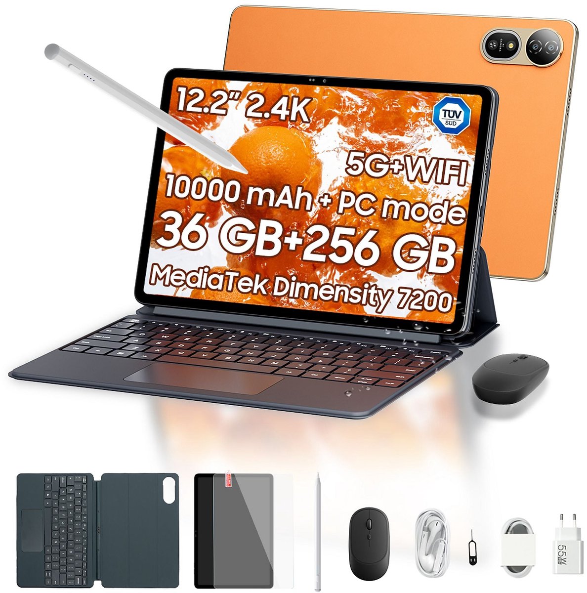 Tablette Blackview Mega 12 - 12,2 inch - Android 16 - 5G - 36GB RAM - 256GB ROM - 10000mAh Accu - 50MP+8MP Camera - Met toetsenbord en stylus - Gouden (6221300300476)