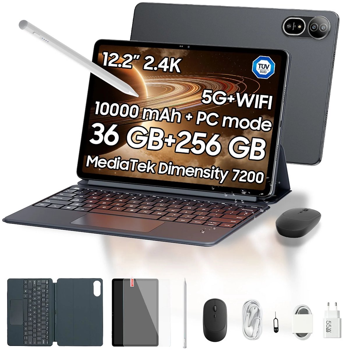 Tablette Blackview Mega 12 - 12,2 inch - Android 16 - 5G - 36GB RAM - 256GB ROM - 10000mAh Accu - 50MP+8MP Camera - Met toetsenbord en stylus - Grijs (6221300300469)