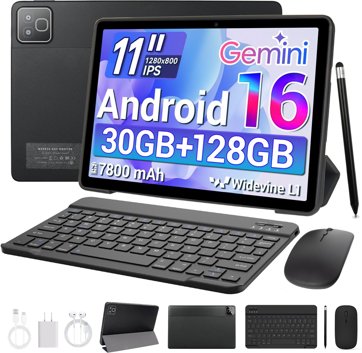 11 inch Tablet - 128GB opslag - 7800 mAh batterij - Android 16 - WiFi 6 - Tablet met Toetsenbord, Muis & Pen, Hoesje - Zwart (0727640091044)
