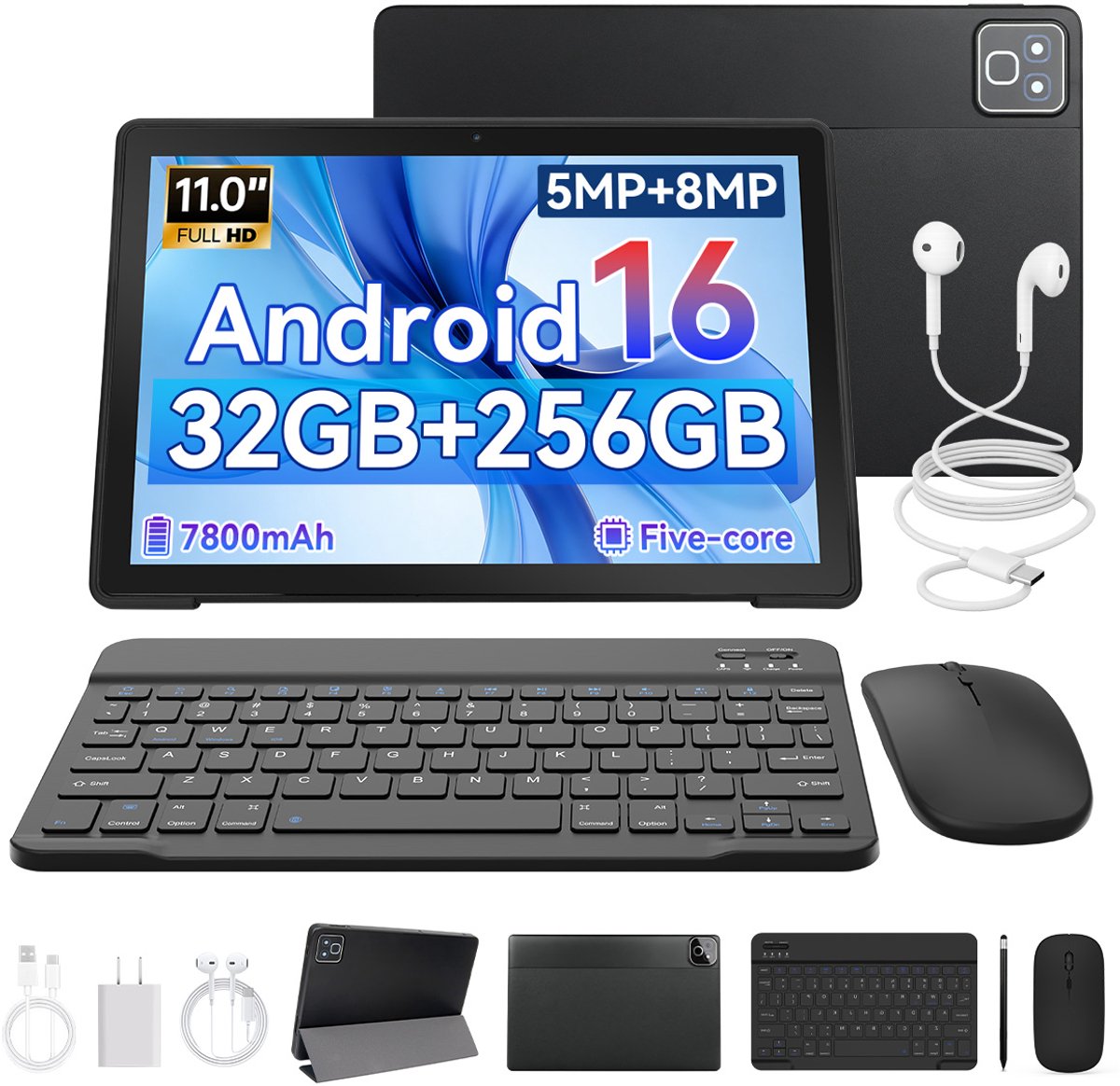 11 inch Tablets - Android 16 - 32GB RAM(3G+29GB) - 256GB - 7800mAh - WiFi6 - Widevine L1 - Face ID - Tablet met toetsenbord,muis,Pen - Zwart (0727640090979)