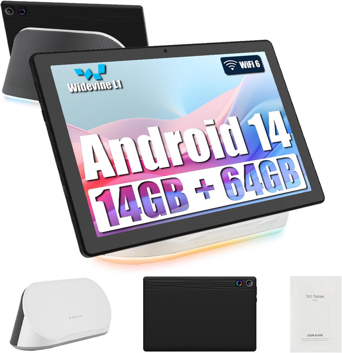 Android 14 Tablet met Bluetooth Soundbar Dock - 10.1 inch Kindertablet - 14GB RAM - 64GB ROM - IPS LCD Scherm 1280*800(HD) - TF-kaart, tot 1 TB - Ondersteunt ontgrendeling via gezichtsherkenning - Zwart (0724939493701)