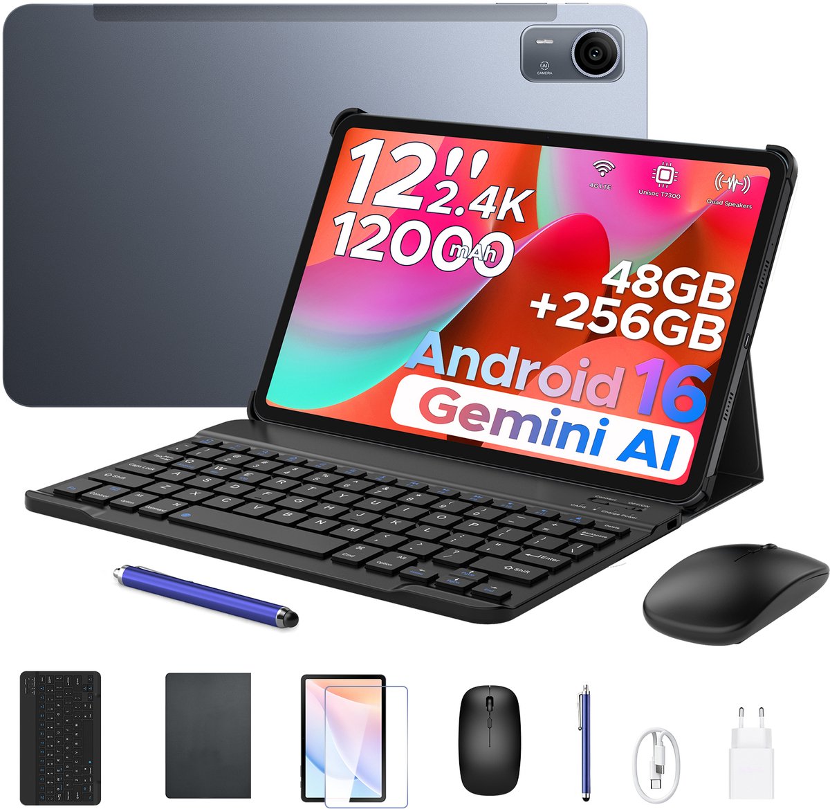 Aorlym P12 Pro - Tablet - 48GB RAM (12+36GB) + 256 GB ROM (2 TB/TF) - 12 Inch 2K 120Hz IPS - Android 16 - 12000mAh/18W - 4G LTE - Wi-Fi 5 - Bluetooth 5.0 - T7300 - Quad Speakers - Volledige accessoirebundel met toetsenbord en stylus (6979284600531)