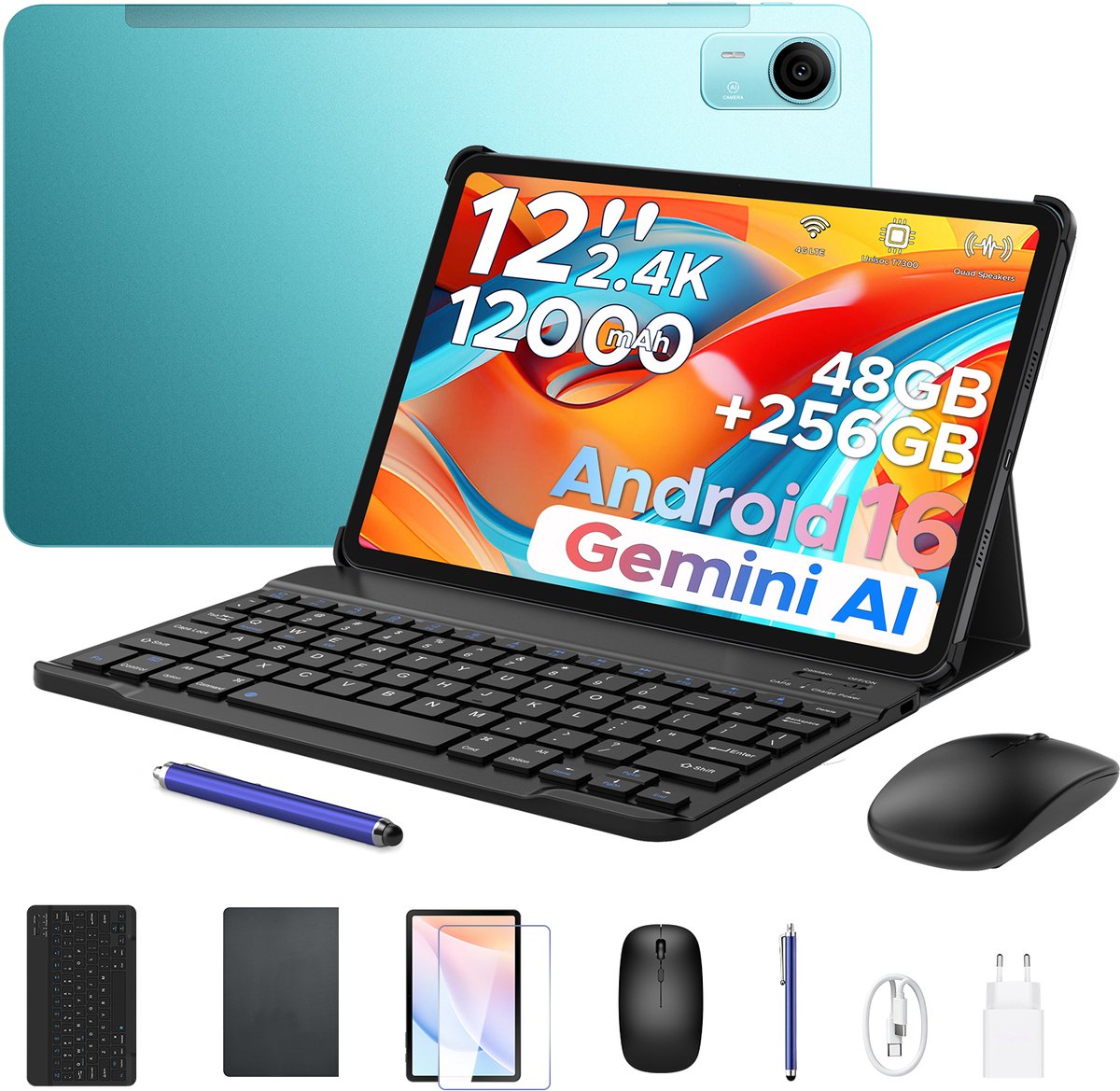 Aorlym P12 Pro - Tablet - 48GB RAM (12+36GB) + 256 GB ROM (2 TB/TF) - 12 Inch 2K 120Hz IPS - Android 16 - 12000mAh/18W - 4G LTE - Wi-Fi 5 - Bluetooth 5.0 - T7300 - Quad Speakers - Volledige accessoirebundel met toetsenbord en stylus (6979284600548)