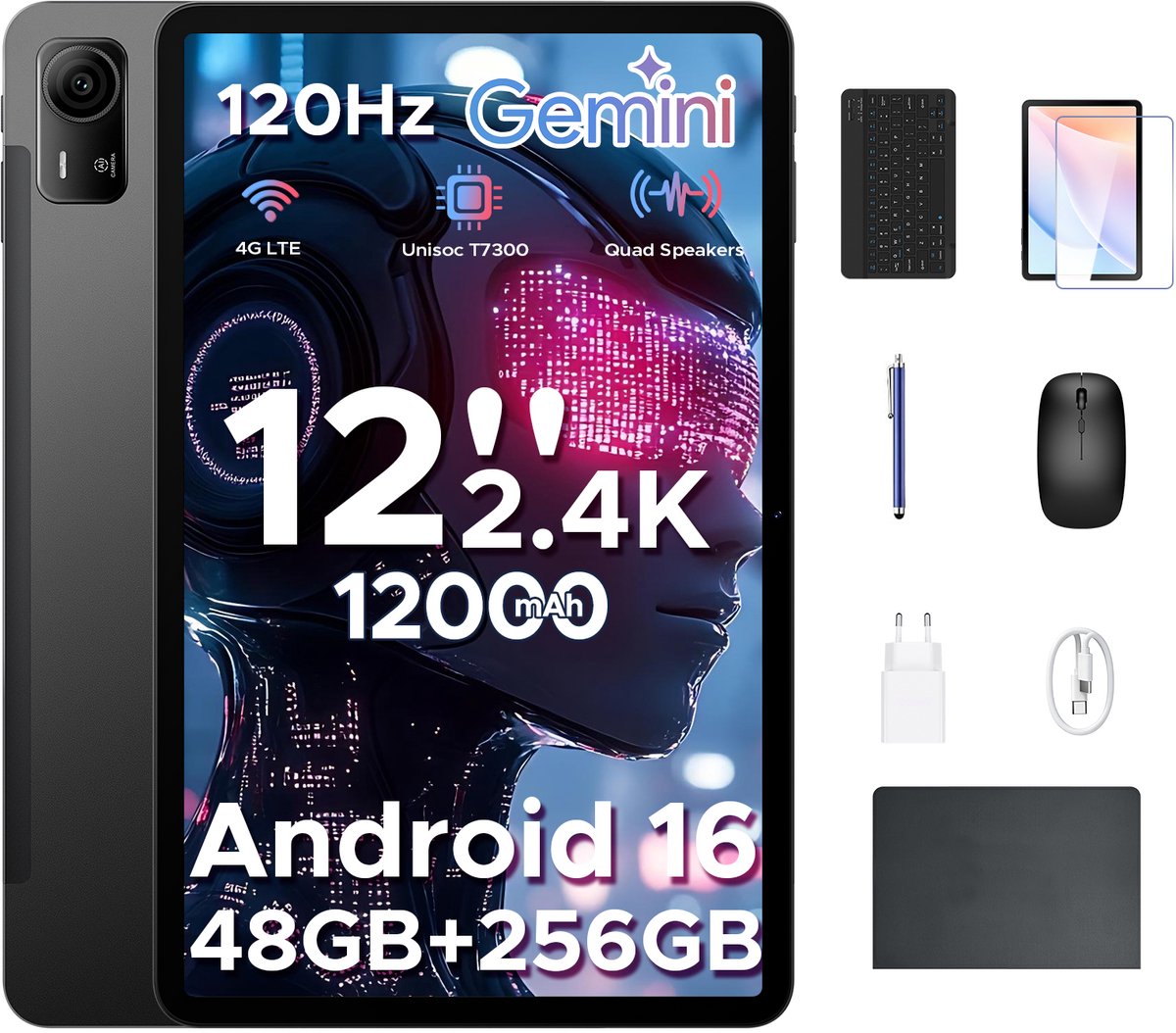 Aorlym P12 Pro - Tablet - 48GB RAM (12+36GB) + 256 GB ROM (2 TB/TF) - 12 Inch 2K 120Hz IPS - Android 16 - 12000mAh/18W - 4G LTE - Wi-Fi 5 - Bluetooth 5.0 - T7300 - Quad Speakers - Volledige accessoirebundel met toetsenbord en stylus (6979284600524)