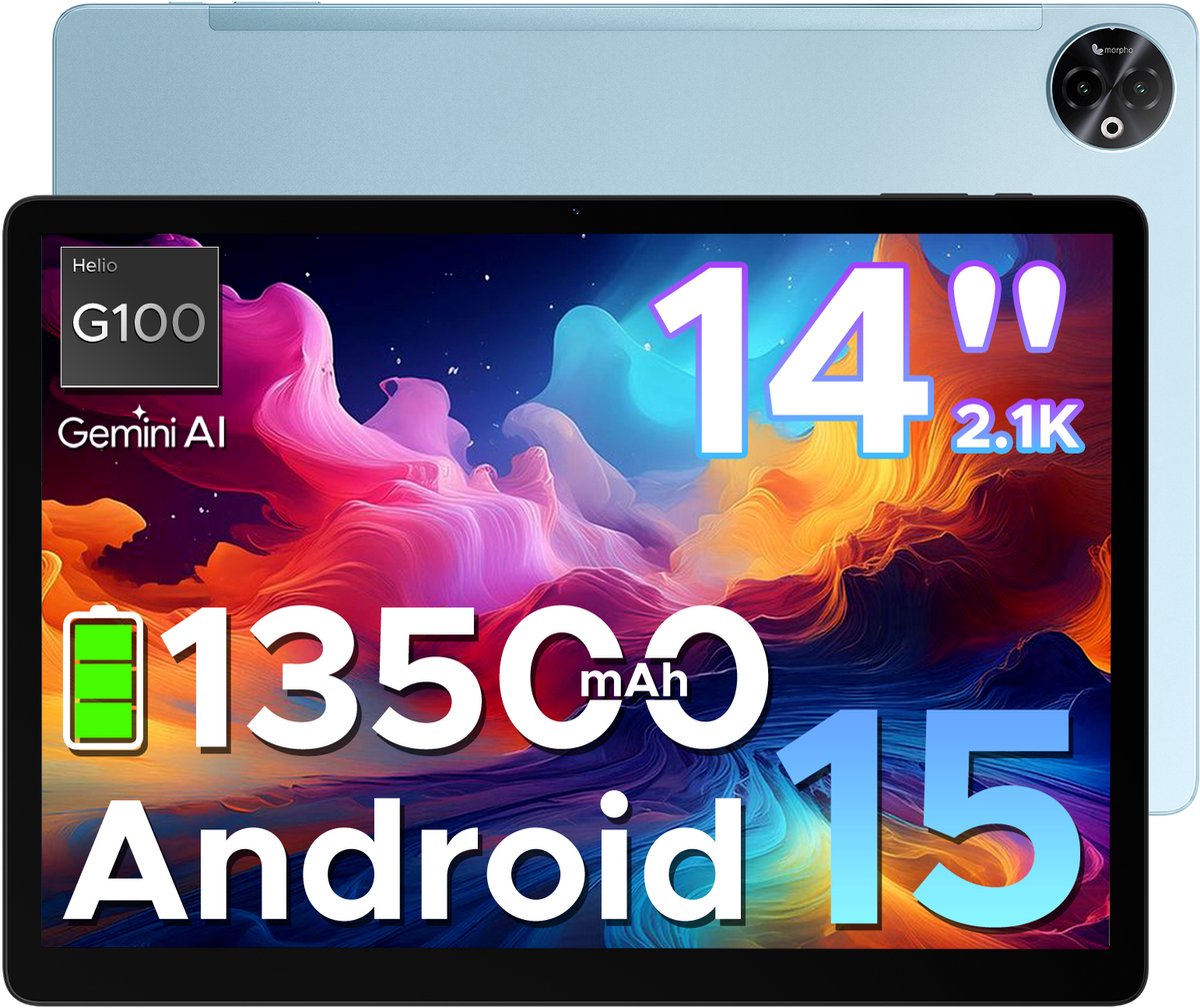 DOOGEE Tab E3 Max -Tablet-Android 15- 14 inth IPS - 4G LTE-Gemini AI-32GB ROM+256GB ROM(2TB TF)-Helio G100-13500mAh/18W-Quad Speakers-Face ID-5G Wi-Fi-A GPS-GPS-Blauw (6923740258088)