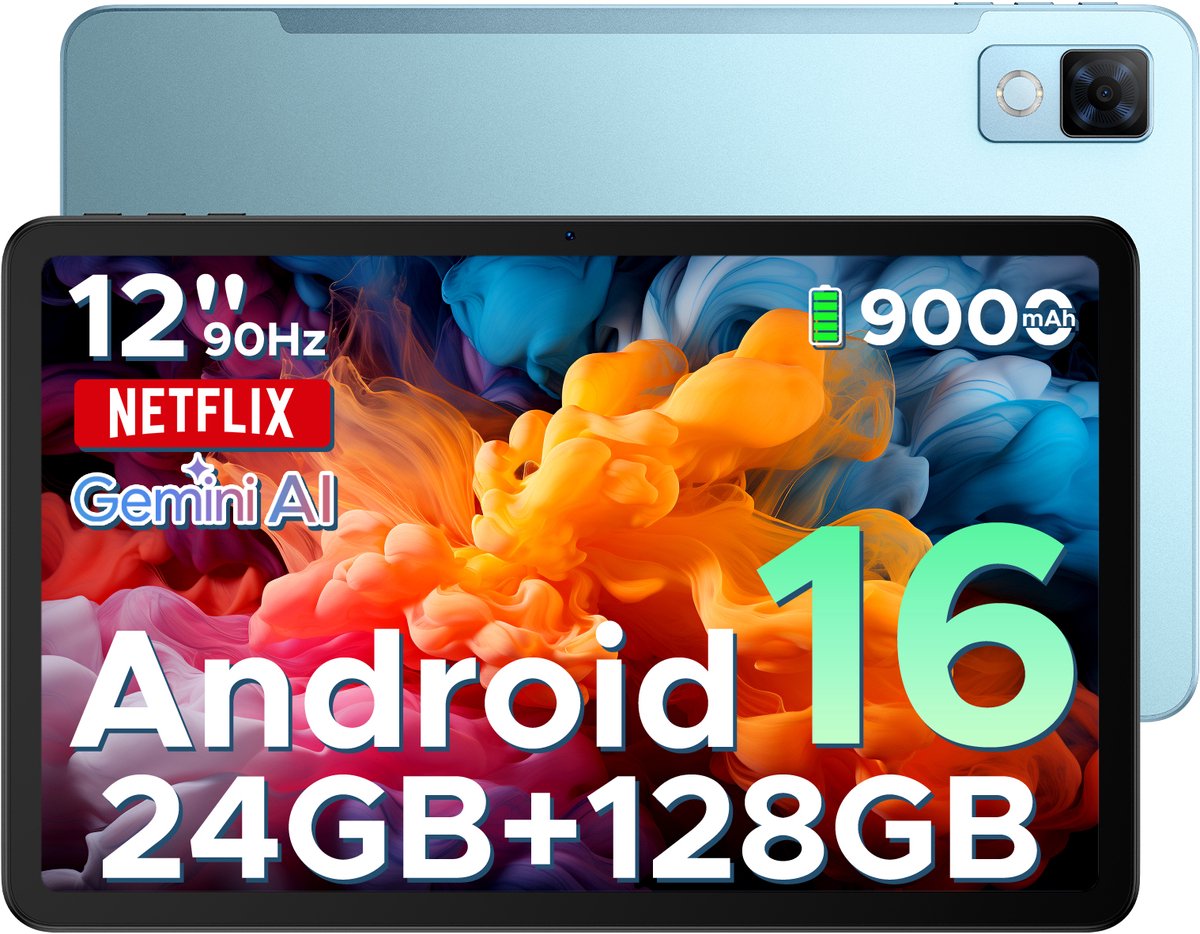 DOOGEE Tablet U12 - 24GB RAM+128GB ROM (2 TB/TF) - Android 16 - 12 inch+90Hz - 9000mAh/18W - Gemini AI - UNISOC T7255 -13 MP+8 MP - 7,8 mm ultradun - WiFi 5 - Widevine L1 -GPS - Face ID - OTG - FM - Blauw (6923740286548)