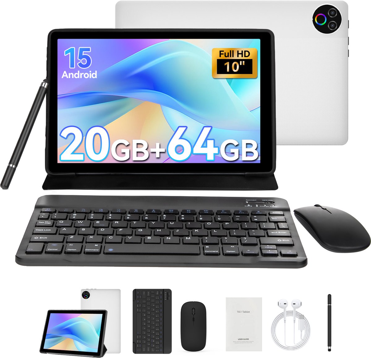 Hotlight 10.1 Inch Tablet - Android 15 Tablet met Toetsenbord - Hoes - Stylus - Muis - 20GB RAM+64GB ROM - 5G Wifi 6 - Bluetooth 5.3 - 5000mAh - Wit (0727640090917)