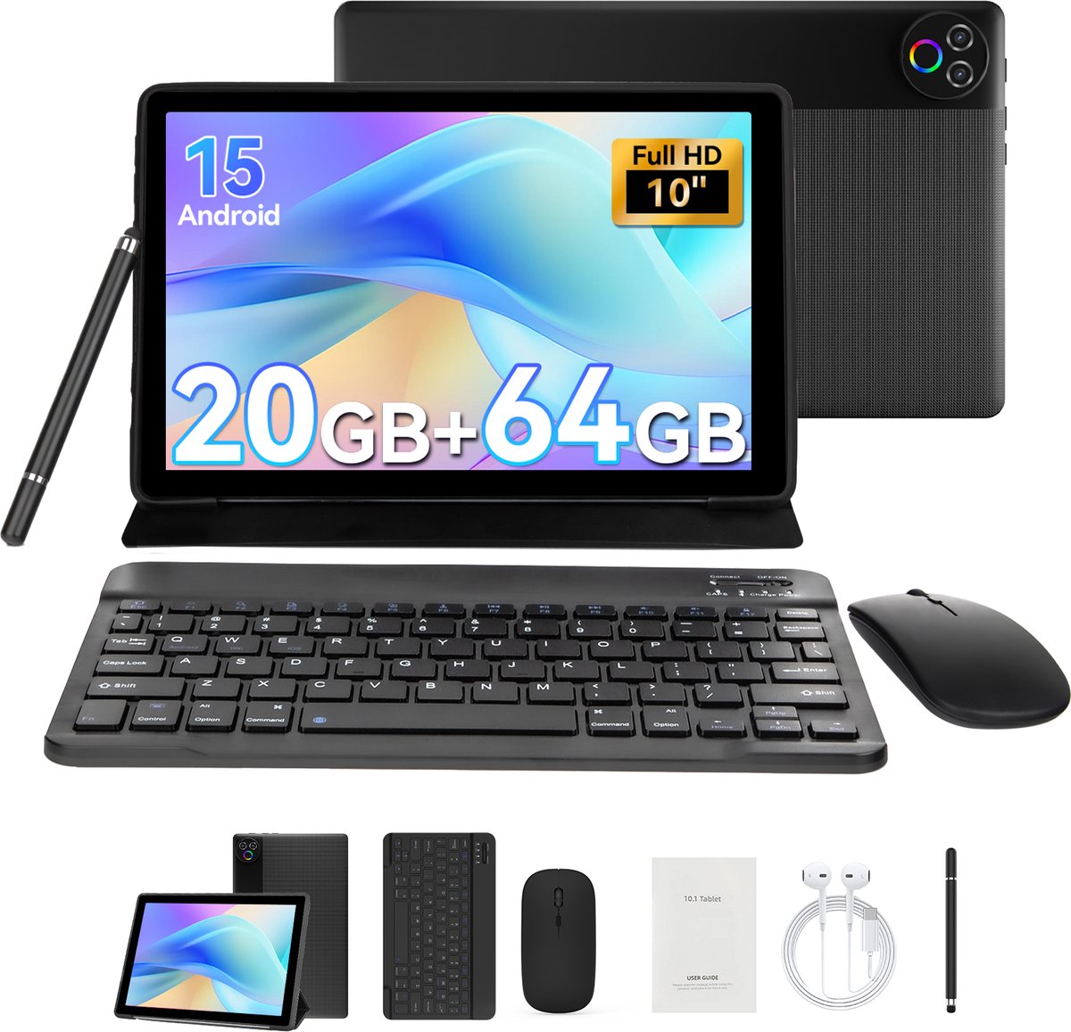 Hotlight 10.1 Inch Tablet - Android 15 Tablet met Toetsenbord - Hoes - Stylus - Muis - 20GB RAM+64GB ROM - 5G Wifi 6 - Bluetooth 5.3 - 5000mAh - Zwart (0727640090900)