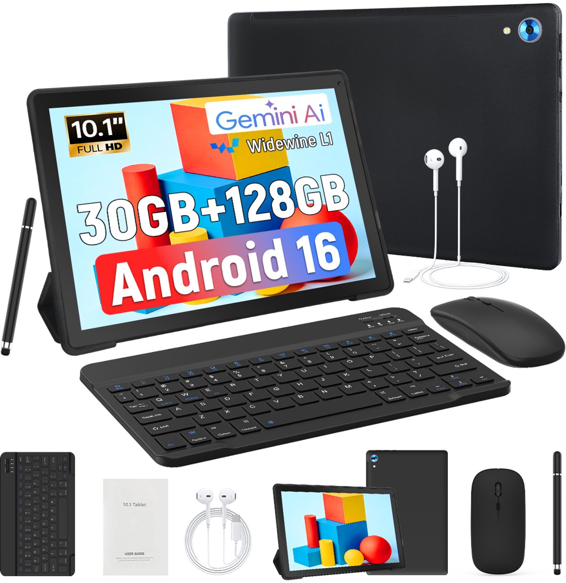 Hotlight 10.1 Kindertablet - Android 16 tablet - 6+24GB RAM- 128GB ROM - Gemini AI- Met Toetsenbord, Muis, Oordopjes & Bescherming - Zwart (0727640091167)