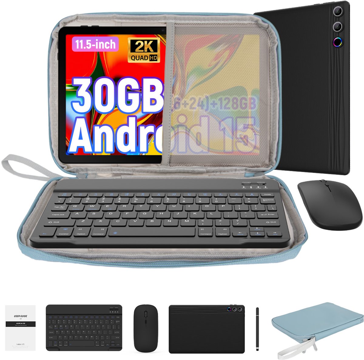 Hotlight 2K (2000x1200) Tablet - 11.5 inch Tablet met Toetsenbord -Blauw Tablet Hoes Sleeve - Stylus - Muis - 30 GB RAM/128GB ROM - 8400mAh - 5G WiFi (0727640090962)