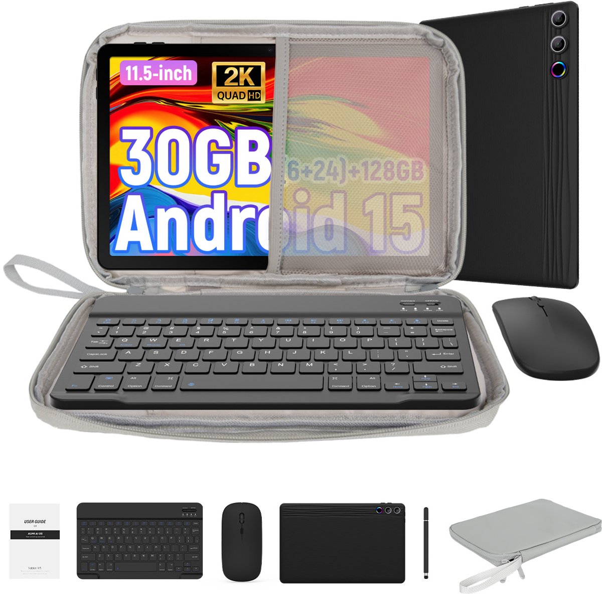 Hotlight 2K (2000x1200) Tablet - 11.5 inch Tablet met Toetsenbord -Grijs Tablet Hoes Sleeve - Stylus - Muis - 30 GB RAM/128GB ROM - 8400mAh - 5G WiFi (0727640090955)