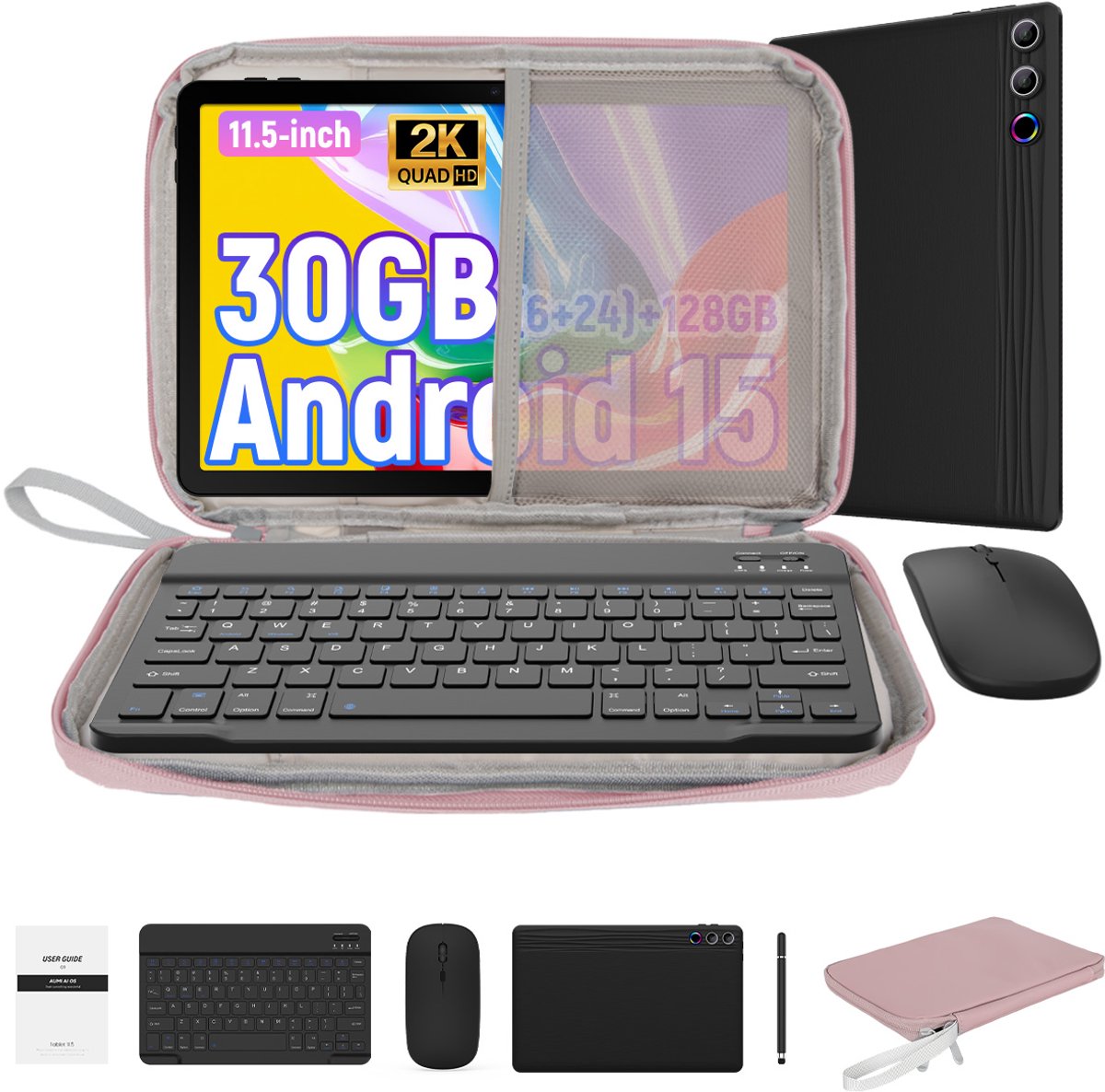 Hotlight 2K (2000x1200) Tablet - 11.5 inch Tablet met Toetsenbord -Roze Tablet Hoes Sleeve - Stylus - Muis - 30 GB RAM/128GB ROM - 8400mAh - 5G WiFi (0727640090948)