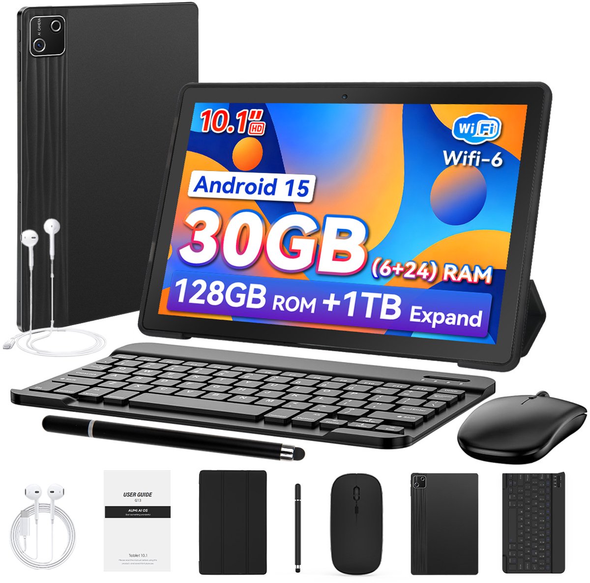 Hotlight G13L Tablet - Andriod 15 Tablet Met Toetsenbord - Hoes - Stylus - Muis- 30GB RAM+128GB ROM - Octa Core -10.1 inch - Widevine L1 - 6200 mAh - Wifi 6 - Zwart (6978044740661)