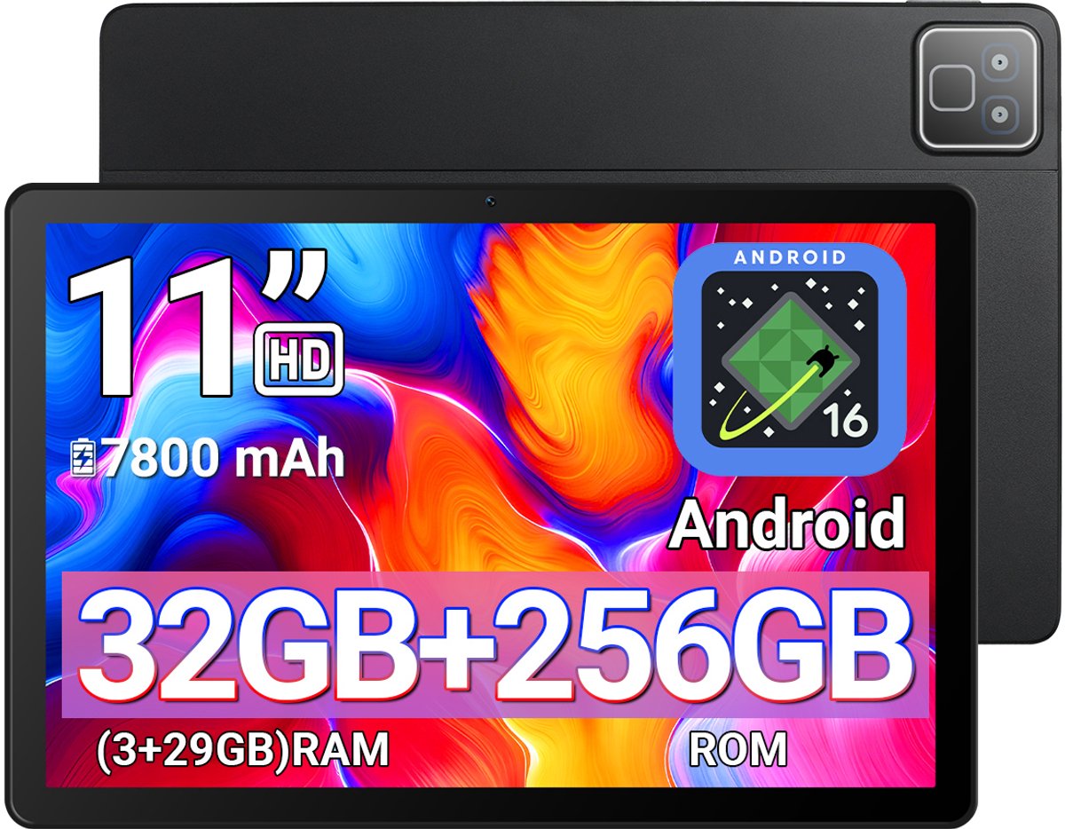 K6PRO Tablet - 11 inch Tablets - 32GB RAM(3G+29GB) - 256GB opslag - 7800mAh - WiFi6 - Bluetooth 5.3 - Zwart (0727640091051)