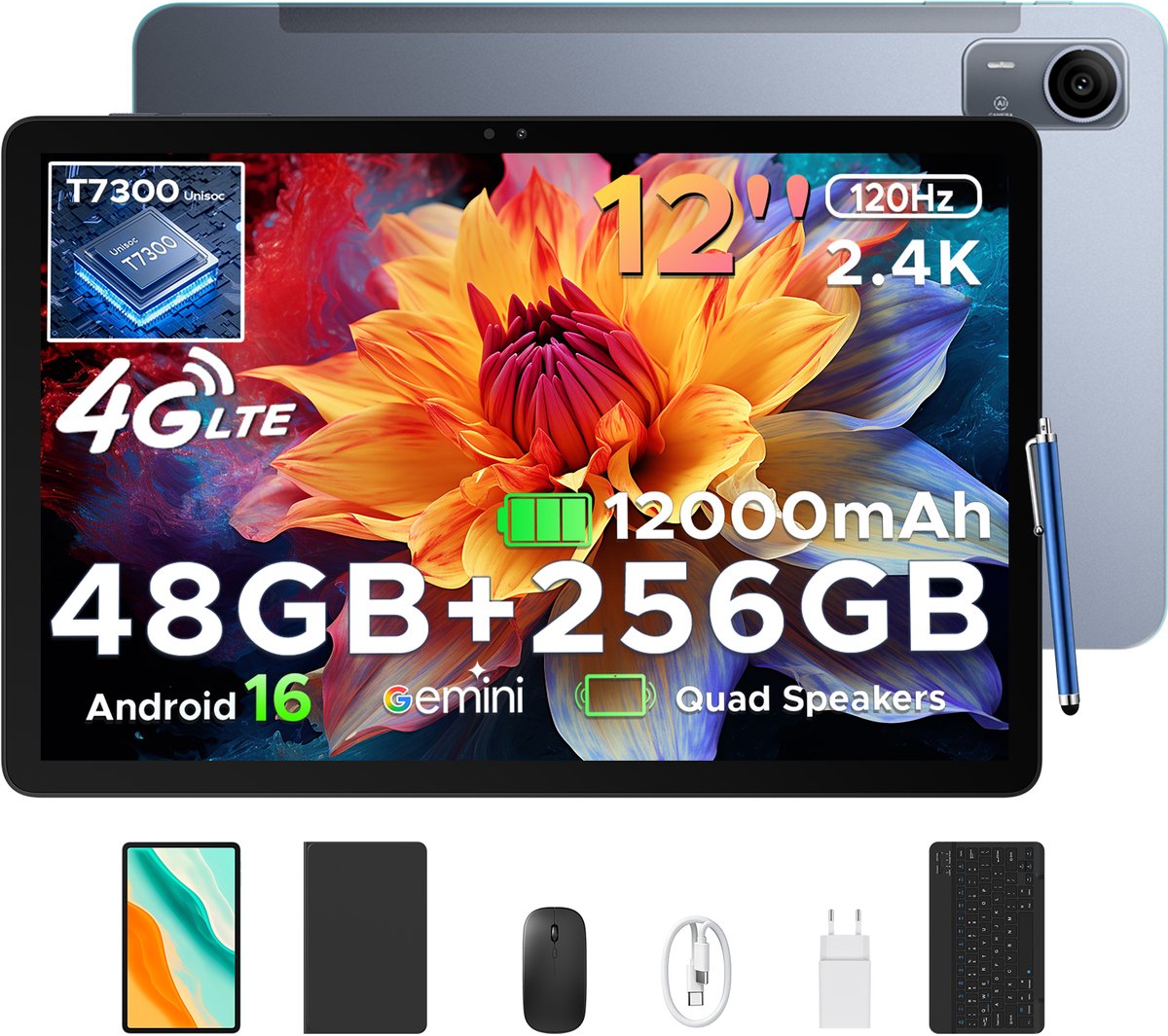 POCKAM P12 Pro - Tablet - 48GB RAM (12+36GB) + 256 GB ROM (2 TB/TF) - 12 Inch 2K 120Hz IPS - Android 16 - 12000mAh/18W - 4G LTE - Wi-Fi 5 - Bluetooth 5.0 - T7300 - Quad Speakers - Volledige accessoirebundel met toetsenbord en stylus (6979284600562)