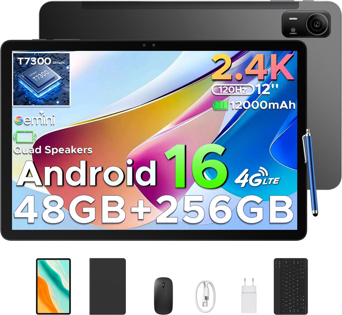 POCKAM P12 Pro - Tablet - 48GB RAM (12+36GB) + 256 GB ROM (2 TB/TF) - 12 Inch 2K 120Hz IPS - Android 16 - 12000mAh/18W - 4G LTE - Wi-Fi 5 - Bluetooth 5.0 - T7300 - Quad Speakers - Volledige accessoirebundel met toetsenbord en stylus-Zwart (6979284600555)