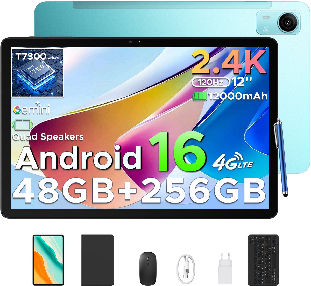 POCKAM P12 Pro - Tablet - 48GB RAM (12+36GB) + 256 GB ROM (2 TB/TF) - 12 Inch 2K 120Hz IPS - Android 16 - 12000mAh/18W - 4G LTE - Wi-Fi 5 - Bluetooth 5.0 - T7300 - Quad Speakers - Volledige accessoirebundel met toetsenbord en stylus-Blauw (6979284600579)
