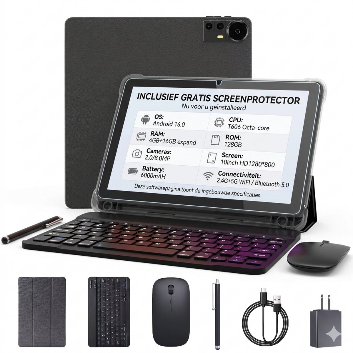 YSM - Tablet met Toetsenbord en Muis - 128GB Opslag - 10.1 Inch HD Scherm - Octa-Core - Android 16.0 - Zwart (6097526588550)