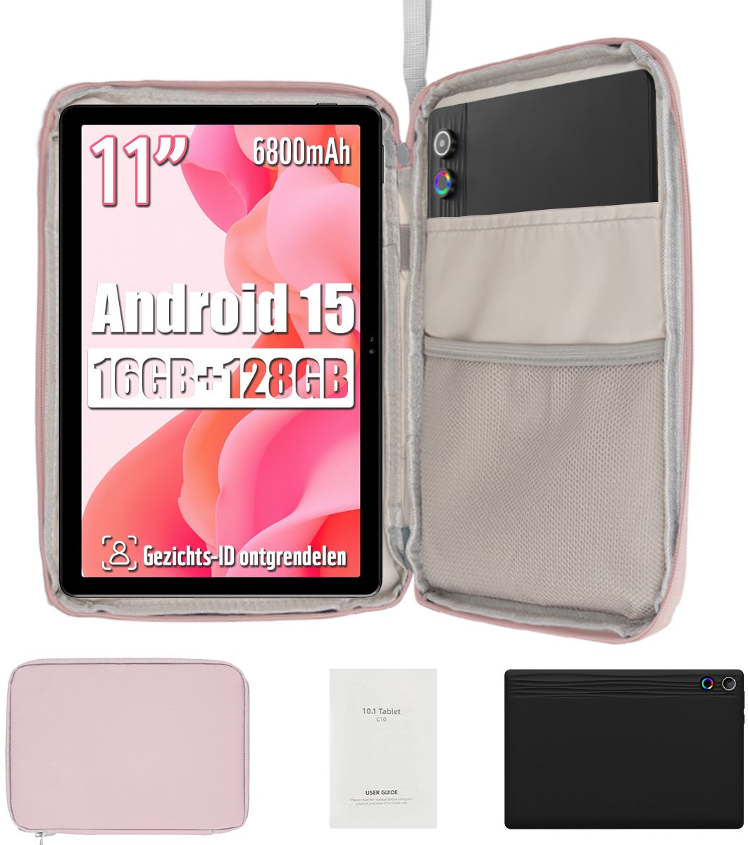kotsren 11 Inch Tablet - Android 15 Tablets - 16GB RAM+128GB ROM - 6800mAh - 5G WIFI - Kindertablet Met Tablet Hoes Sleeve - Wit (0727640091099)