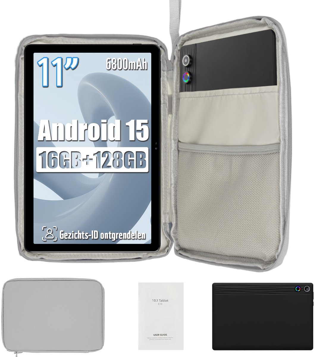 kotsren 11 Inch Tablet - Android 15 Tablets - 16GB RAM+128GB ROM - 6800mAh - 5G WIFI - Kindertablet Met Tablet Hoes Sleeve - Zwart (0727640091136)