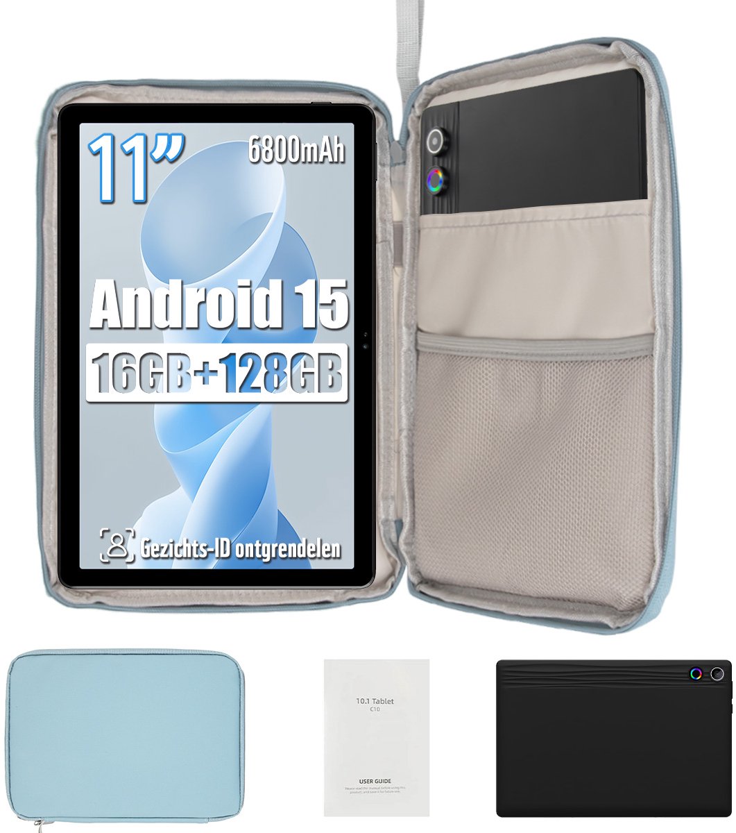kotsren 11 Inch Tablets - Android 15 Kindertablet - 16GB RAM+128GB ROM - 6800mAh - Octa Core - 5G WIFI - Widevine L1 - Tablet Met Tablet Hoes Sleeve - Zwart (0727640091082)