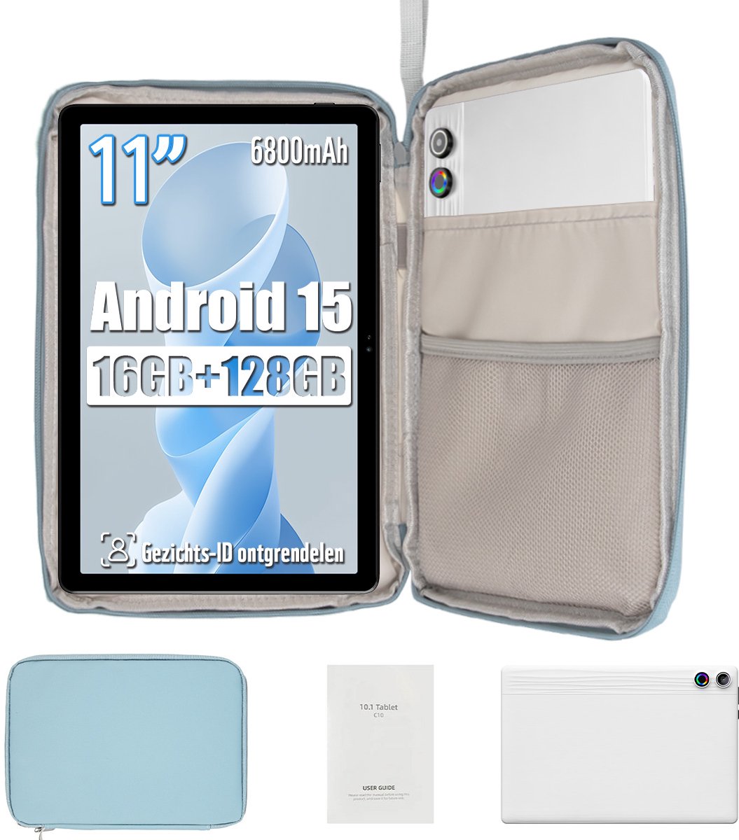 kotsren 11 Inch Tablets - Tablet Met Tablet Hoes Sleeve - Android 15 Kindertablet - 16GB RAM+128GB ROM - 6800mAh - 5G WIFI - Widevine L1 - Wit (0727640091112)