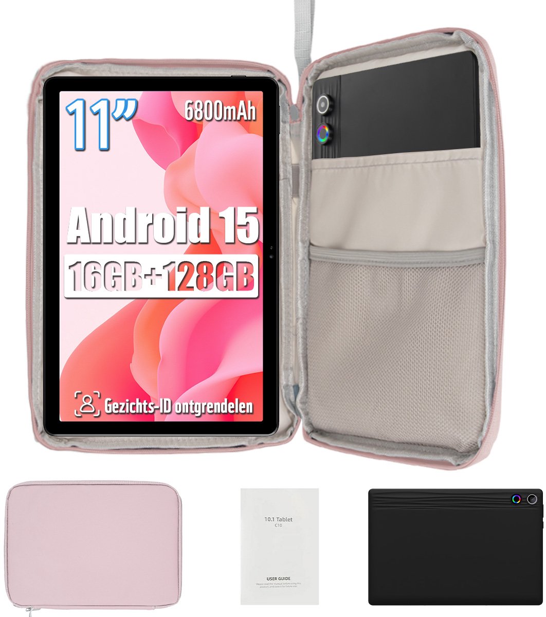 kotsren 11 Inch Tablets - Tablet Met Tablet Hoes Sleeve - Android 15 Kindertablet - 16GB RAM+128GB ROM - 6800mAh - 5G WIFI - Widevine L1 - Zwart (0727640091129)