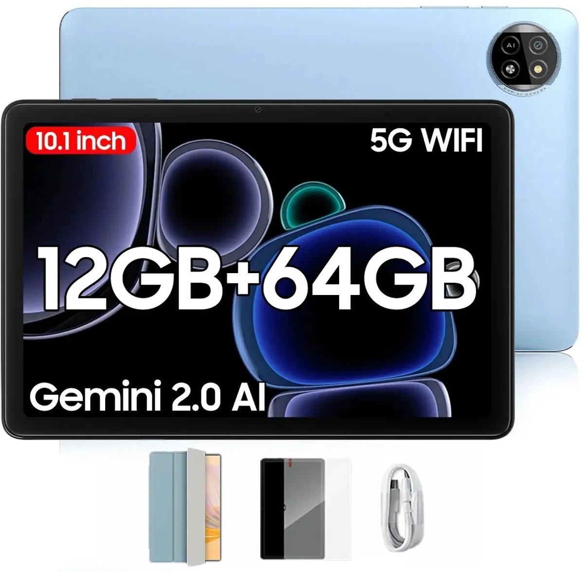 Blackview Tablet - Tab 20 WiFi Tablet - Met Hoes, Screenprotector - Android 15 - 12GB RAM + 64GB ROM(2TB Externe) - 10 inch HD Scherm - 6000mAh - Bluetooth 5G WiFi - Blauw (6931548323143)