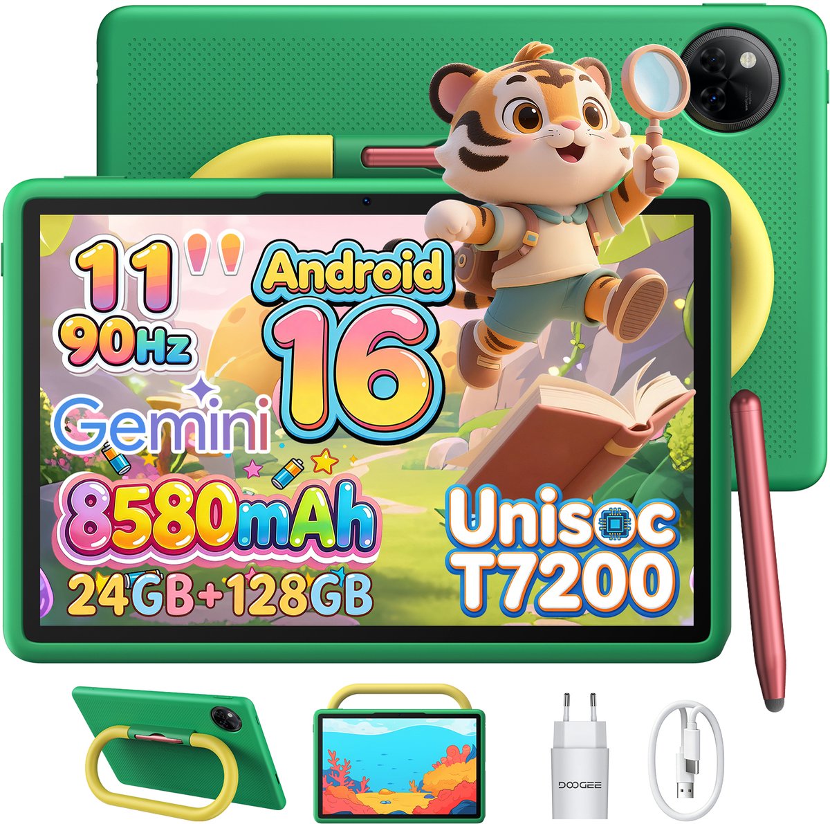 DOOGEE U11 Kid - Kindertablet - Table - 24 GB RAM (4+20 GB Extended) + 128 GB ROM - 10.95 inch HD 90 Hz - Android 16 - 8580 mAh - WiFi 2.4/5 GHz - Inclusief Kindvriendelijk Hoesje & Styluspen - 13 MP Camera - Groen (6942654924322)